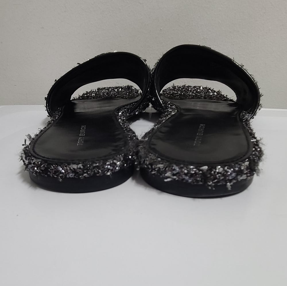 Tory Burch Eleanor Slide Sandals Pavé Logo Silver Confetti/Perfect Black Sz 8 - Picture 10 of 14